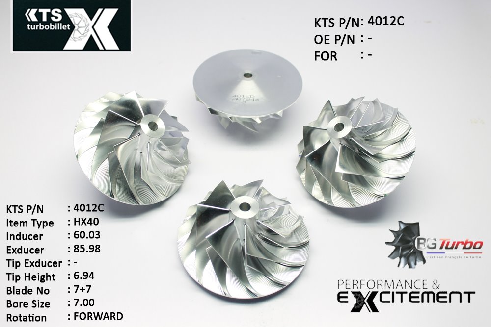 Turbo ROUE FORGÉE MFS PERFORMANCE - 7+7 PALES - INDUCER : 60,03 - EXDUCER : 85,98 - TYPE : HX40ANGLE : 50° - ROTATION : Forward - SUPER BACK : 4,96 - BORE SIZE : 7
